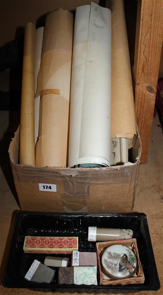 6 Chinese scroll paintings and a collection of seals